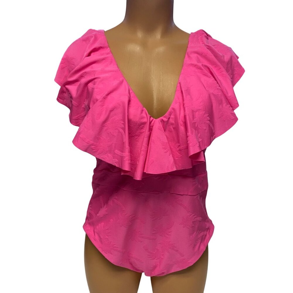 Trina Turks $162 Pink Ruffle-Front One-Piece Swimsuit Tie-Back Design 12 NWT